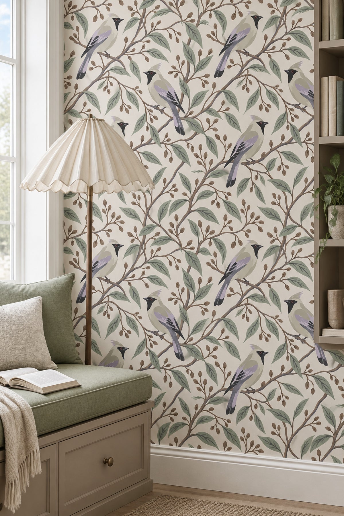 Perched Birds Wallpaper Sage Branches On Ivory Background