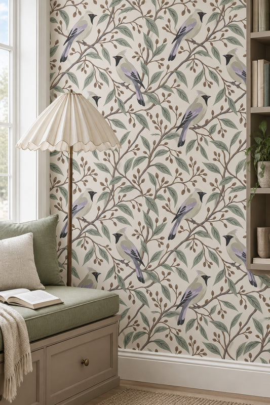 Perched Birds Wallpaper Sage Branches On Ivory Background
