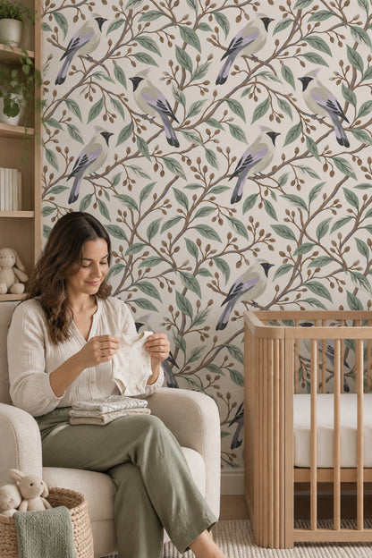 Perched Birds Wallpaper Sage Branches On Ivory Background