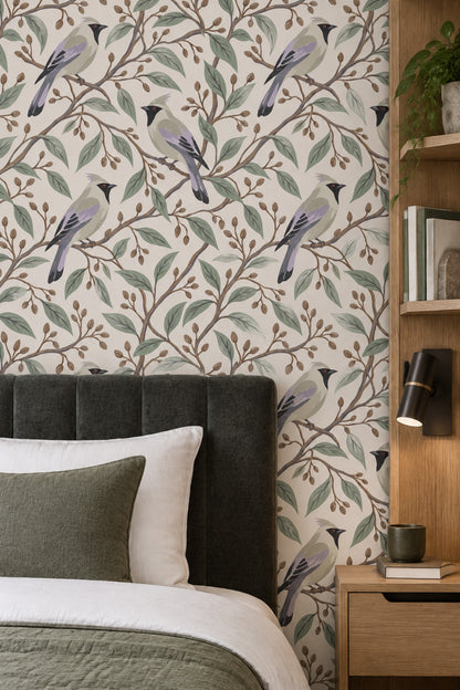 Perched Birds Wallpaper Sage Branches On Ivory Background