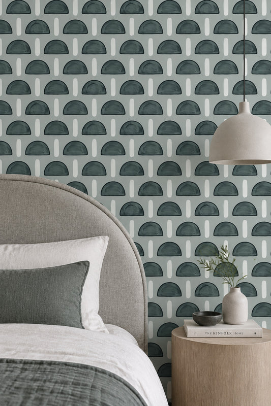 Hand Painted Semicircles Wallpaper Modern Grid In Sage Green
