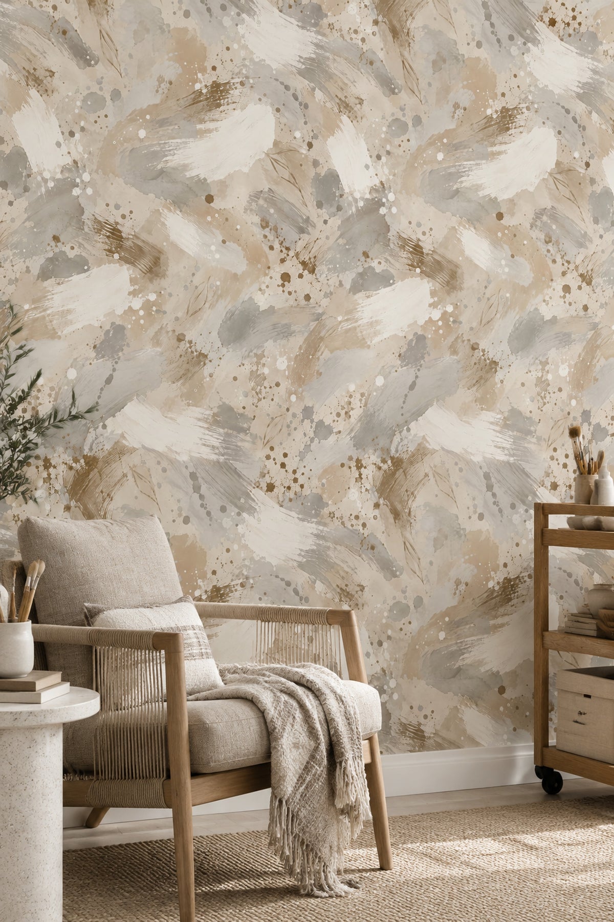 Abstract Brushstrokes Wallpaper Neutral Beige Watercolor