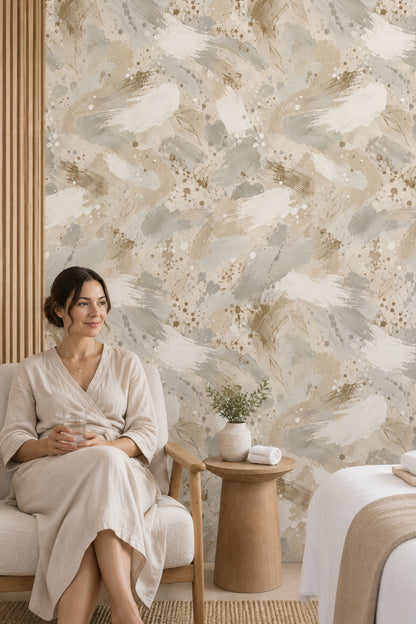 Abstract Brushstrokes Wallpaper Neutral Beige Watercolor