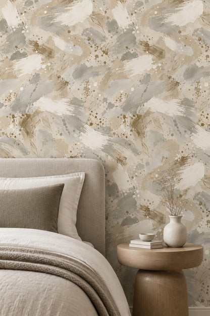 Abstract Brushstrokes Wallpaper Neutral Beige Watercolor