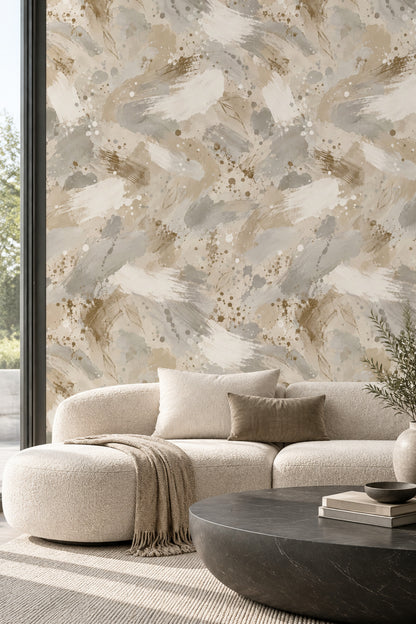 Abstract Brushstrokes Wallpaper Neutral Beige Watercolor