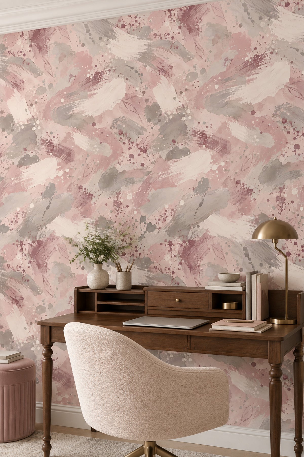 Watercolor Brush Strokes Wallpaper Pink Mauve Soft Gray