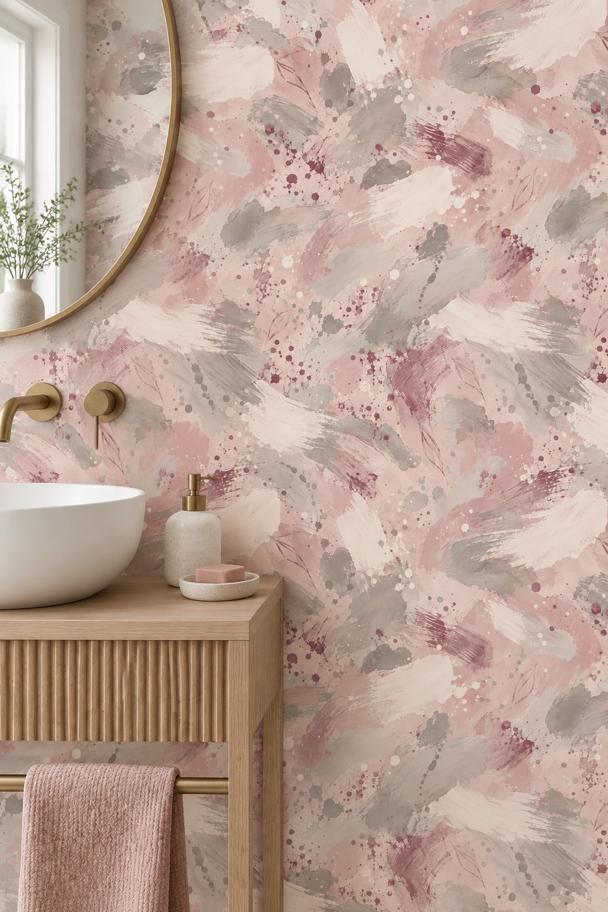 Watercolor Brush Strokes Wallpaper Pink Mauve Soft Gray