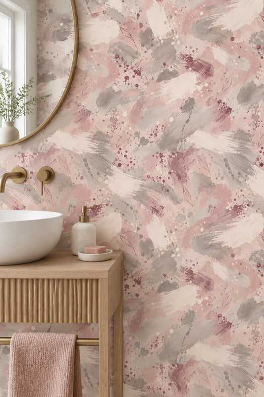 Watercolor Brush Strokes Wallpaper Pink Mauve Soft Gray