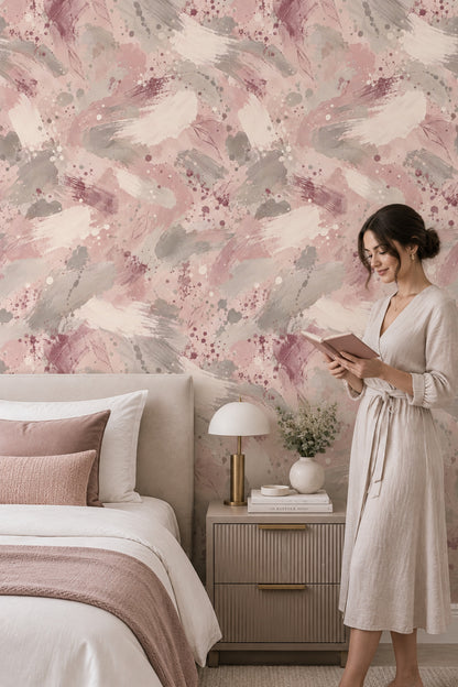 Watercolor Brush Strokes Wallpaper Pink Mauve Soft Gray