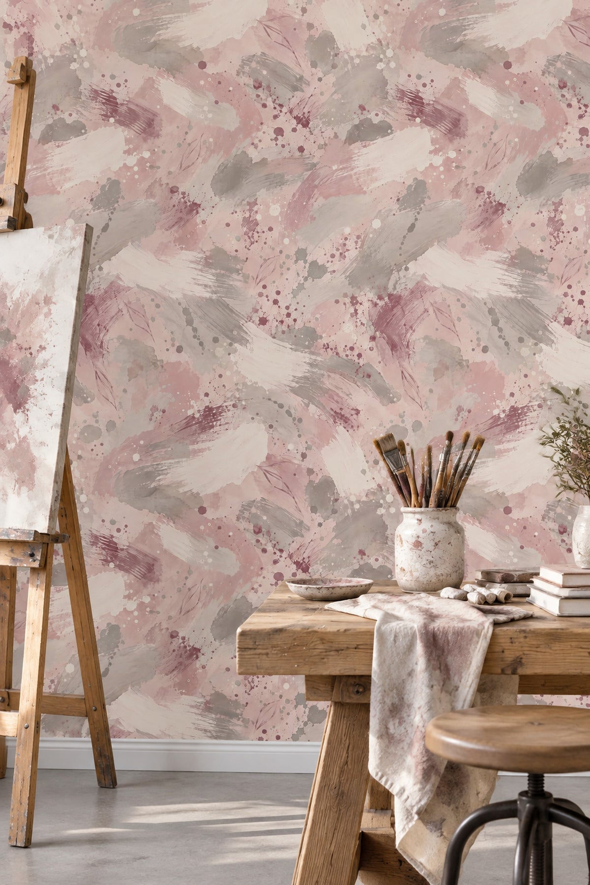 Watercolor Brush Strokes Wallpaper Pink Mauve Soft Gray