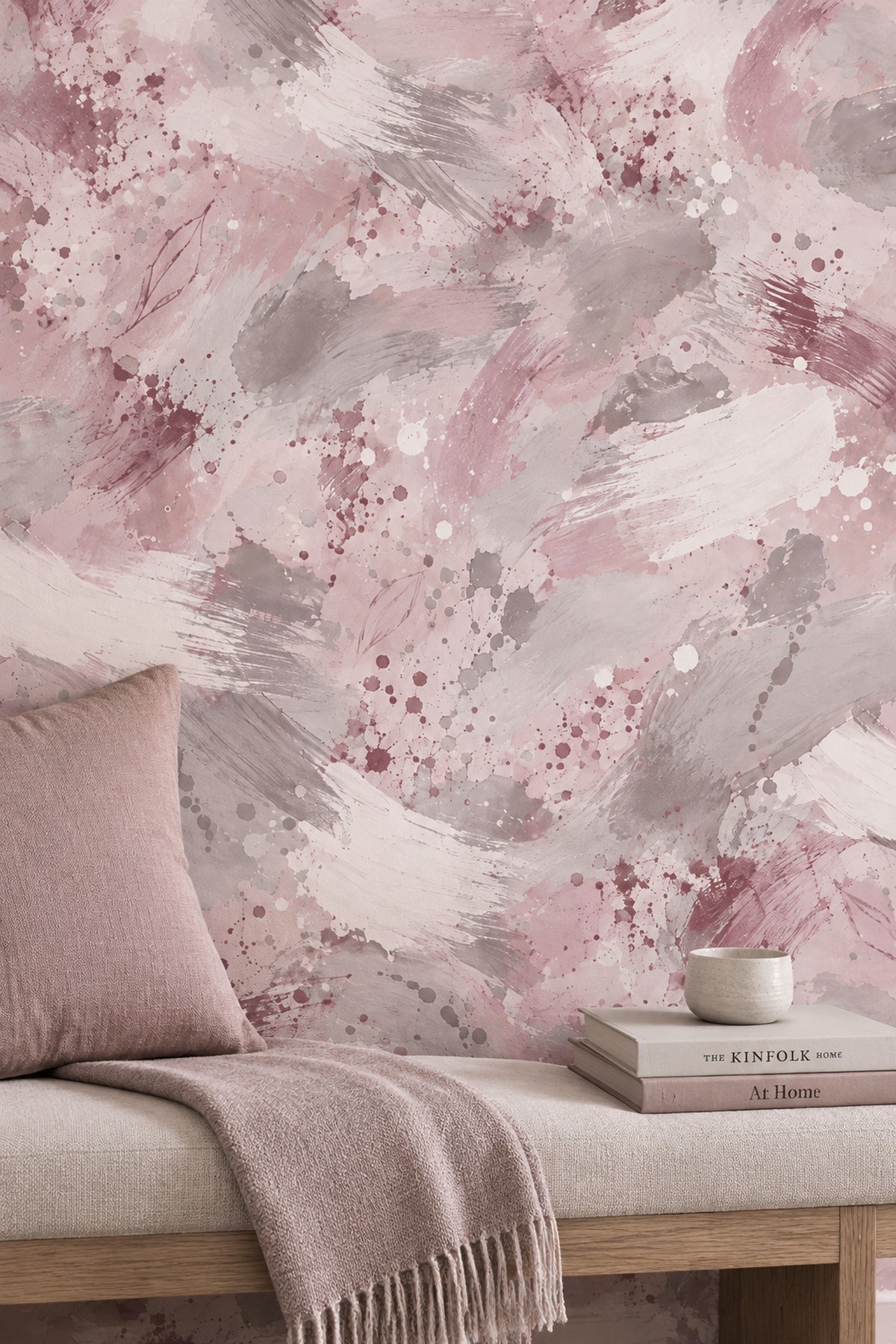Leaf Outline Brush Strokes Wallpaper Pink Watercolor Splatter