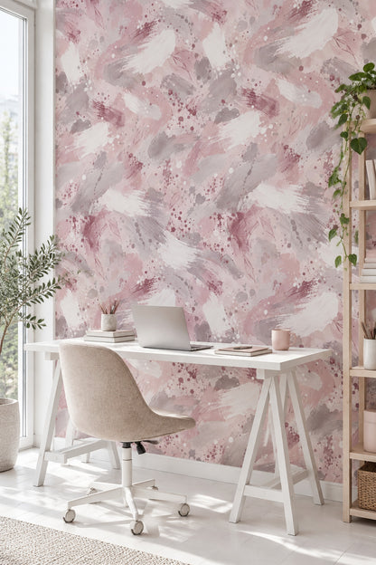 Leaf Outline Brush Strokes Wallpaper Pink Watercolor Splatter