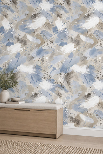 Blue Brushstrokes Wallpaper Watercolor Splatter And Sketched Leaves