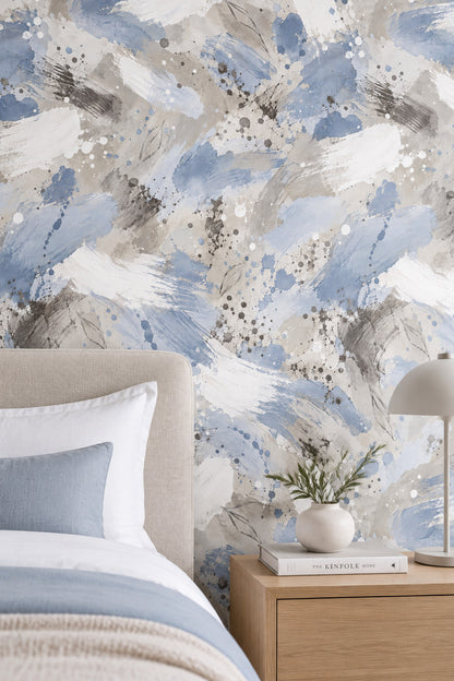 Blue Brushstrokes Wallpaper Watercolor Splatter And Sketched Leaves