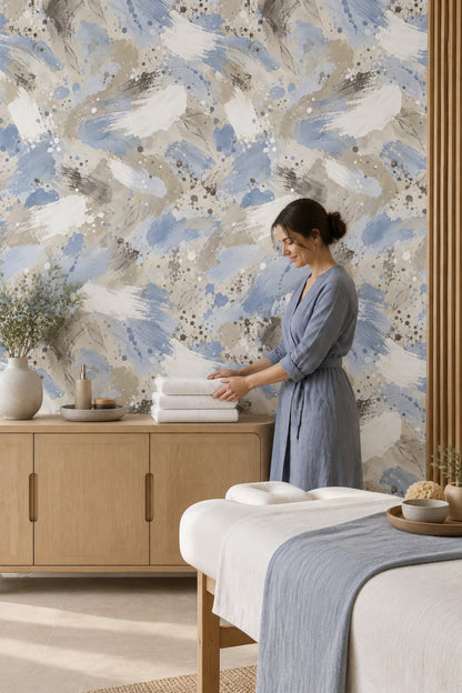 Blue Brushstrokes Wallpaper Watercolor Splatter And Sketched Leaves