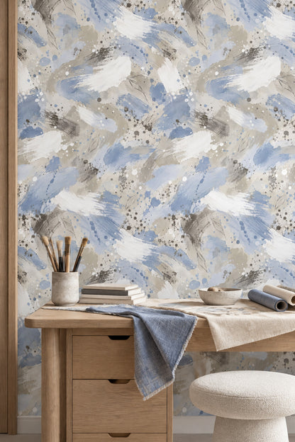 Blue Brushstrokes Wallpaper Watercolor Splatter And Sketched Leaves