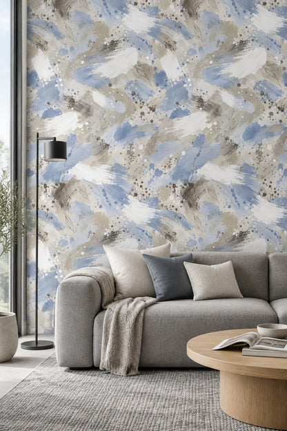 Blue Brushstrokes Wallpaper Watercolor Splatter And Sketched Leaves