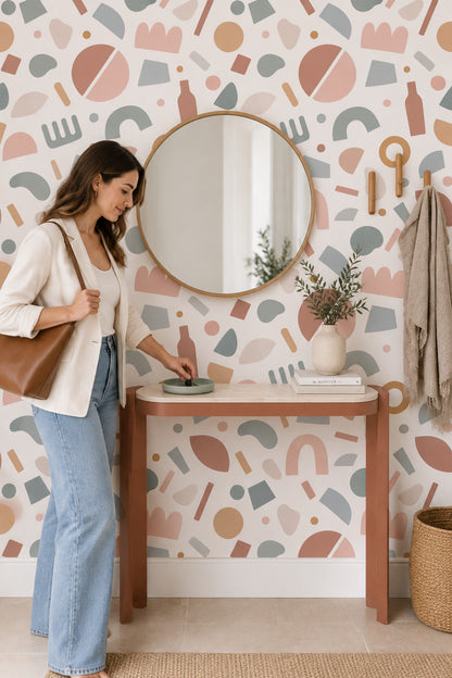 Abstract Arches And Circles Wallpaper Pastel Terracotta Sage