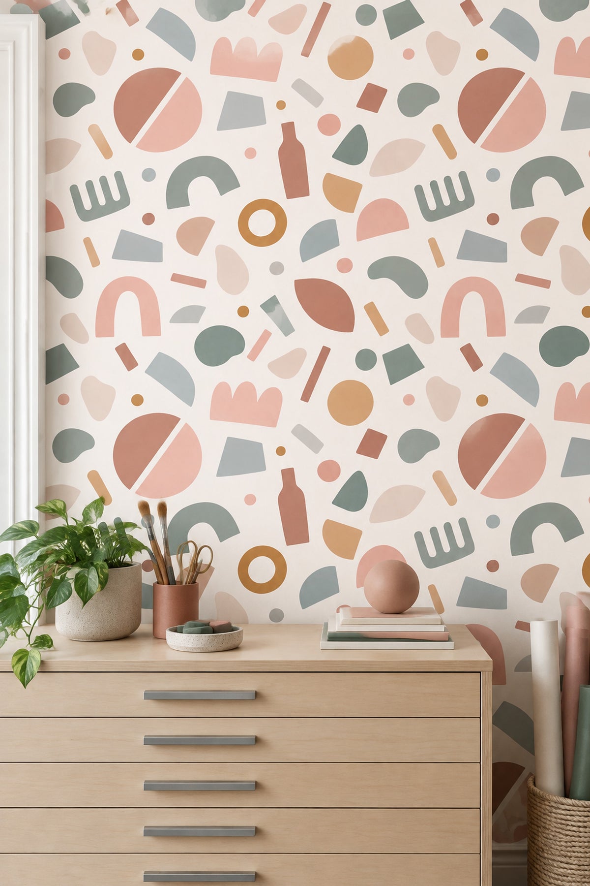 Abstract Arches And Circles Wallpaper Pastel Terracotta Sage