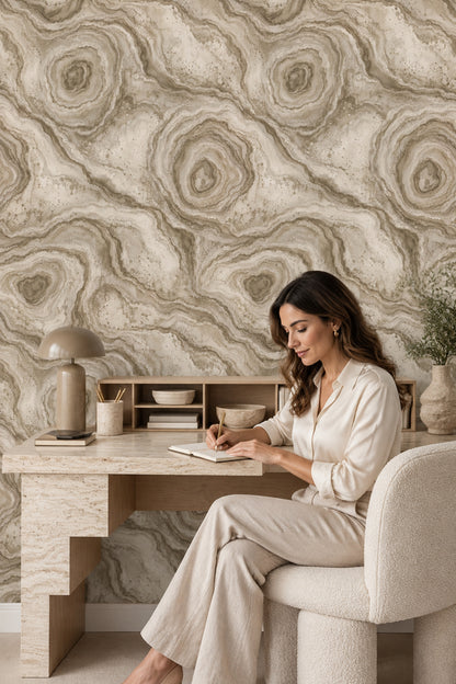 Beige Agate Wallpaper Organic Veining Taupe Mineral Texture