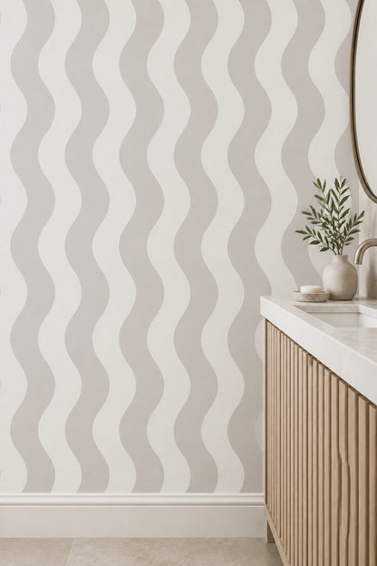 Wavy Vertical Stripes Wallpaper Light Gray Ivory Neutral
