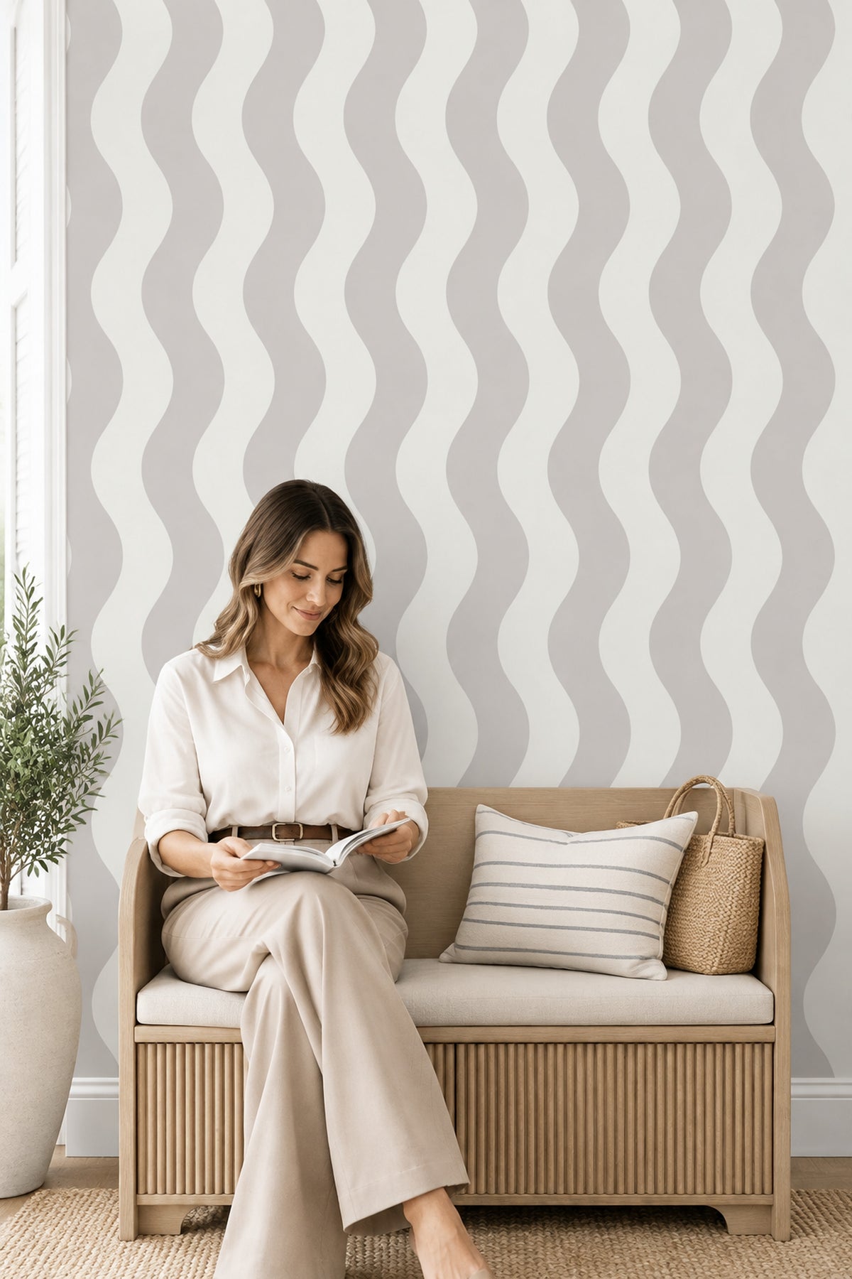 Wavy Vertical Stripes Wallpaper Light Gray Ivory Neutral