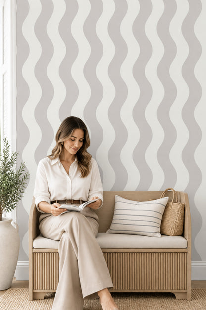 Wavy Vertical Stripes Wallpaper Light Gray Ivory Neutral