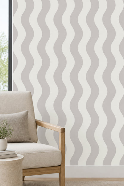 Wavy Vertical Stripes Wallpaper Light Gray Ivory Neutral