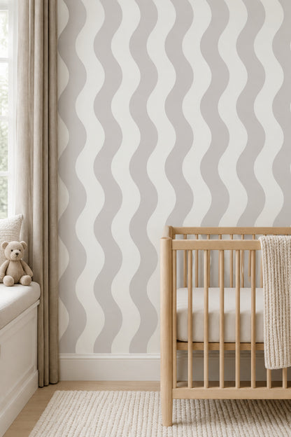 Wavy Vertical Stripes Wallpaper Light Gray Ivory Neutral