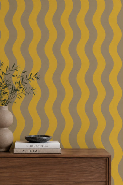 Wavy Vertical Stripes Wallpaper Mid Century Modern Mustard Taupe
