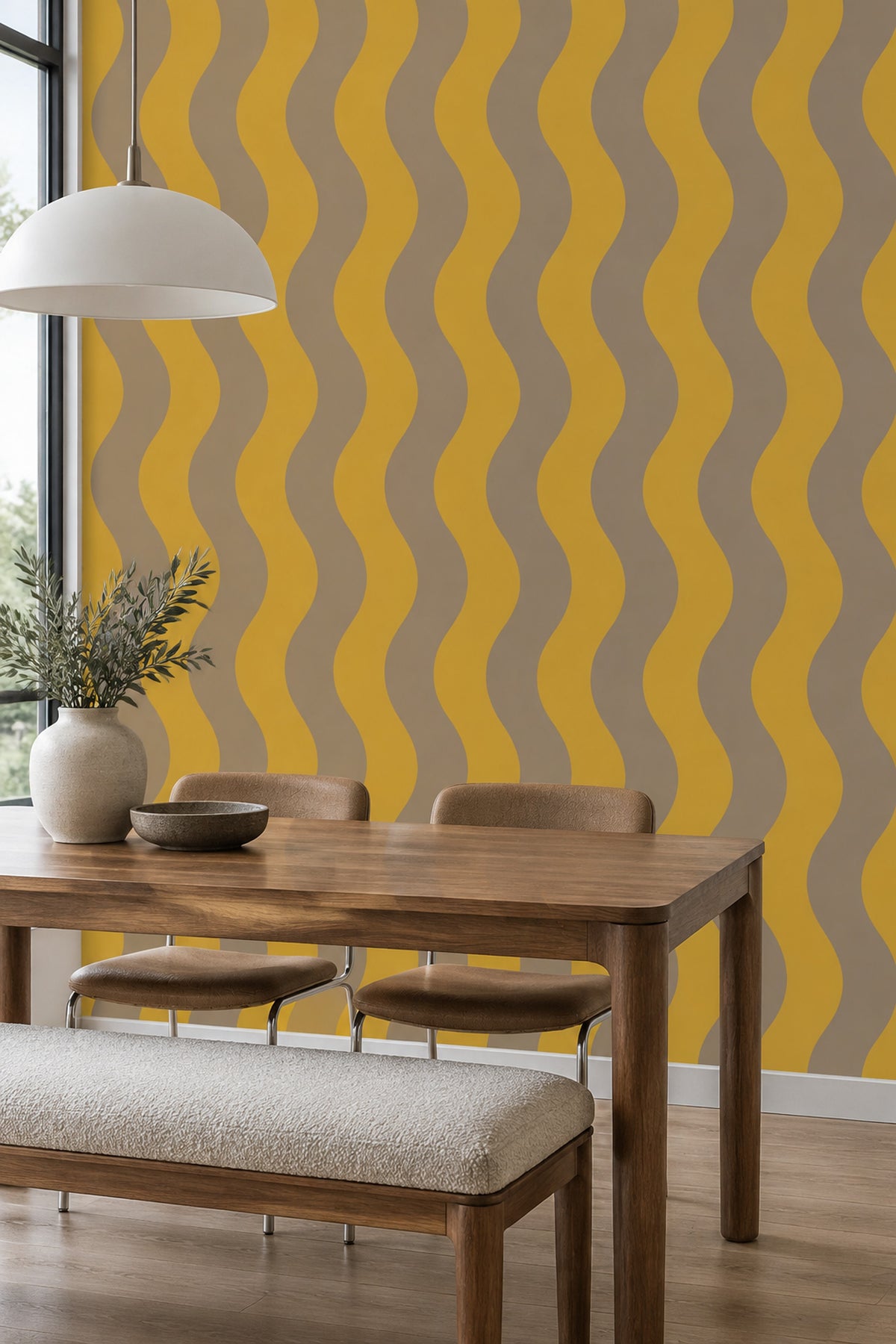 Wavy Vertical Stripes Wallpaper Mid Century Modern Mustard Taupe