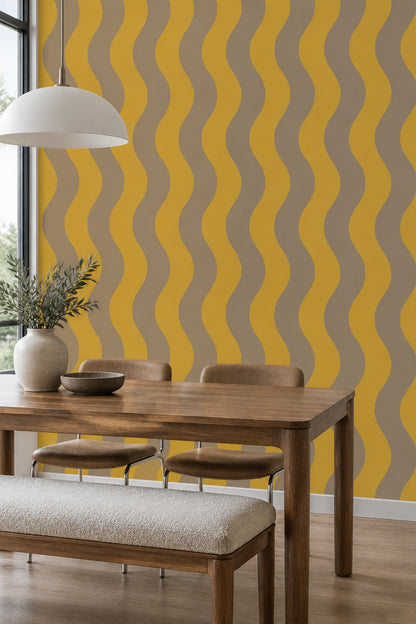 Wavy Vertical Stripes Wallpaper Mid Century Modern Mustard Taupe