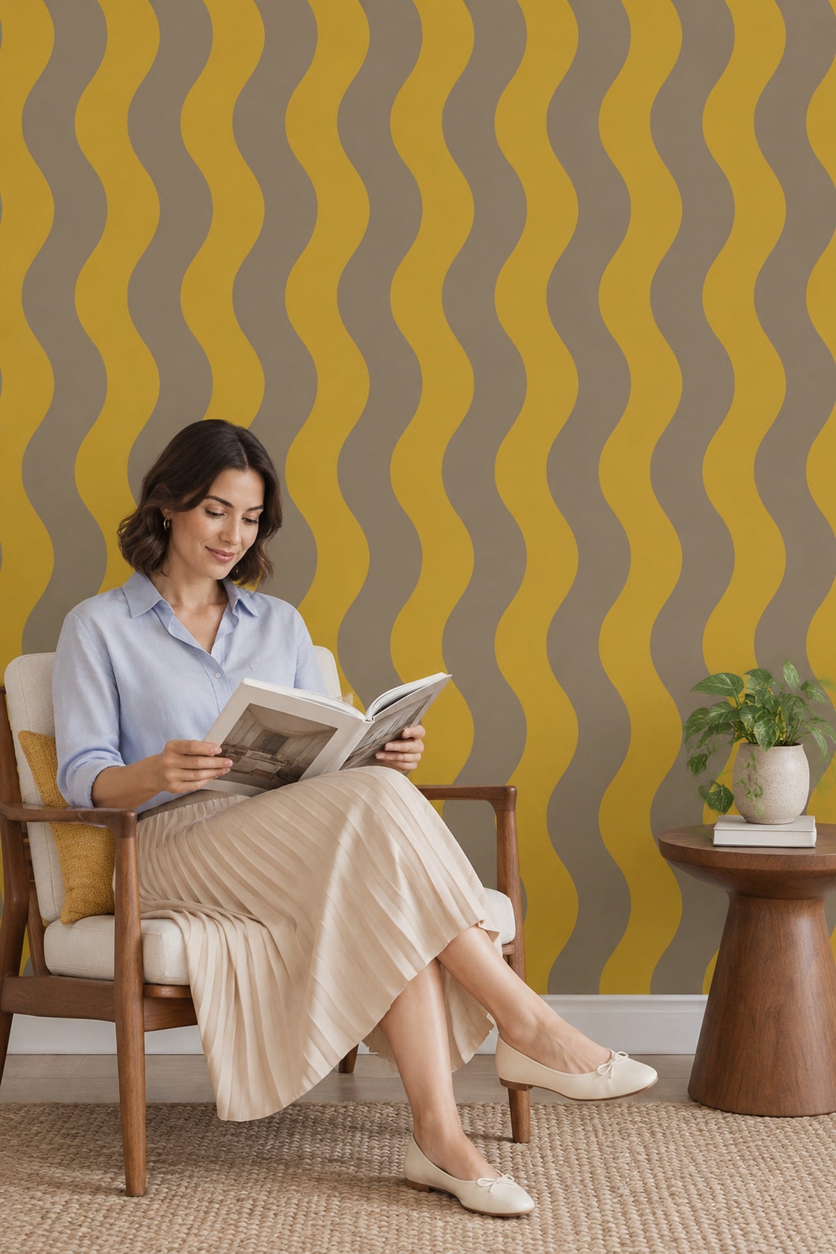 Wavy Vertical Stripes Wallpaper Mid Century Modern Mustard Taupe