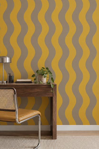 Wavy Vertical Stripes Wallpaper Mid Century Modern Mustard Taupe