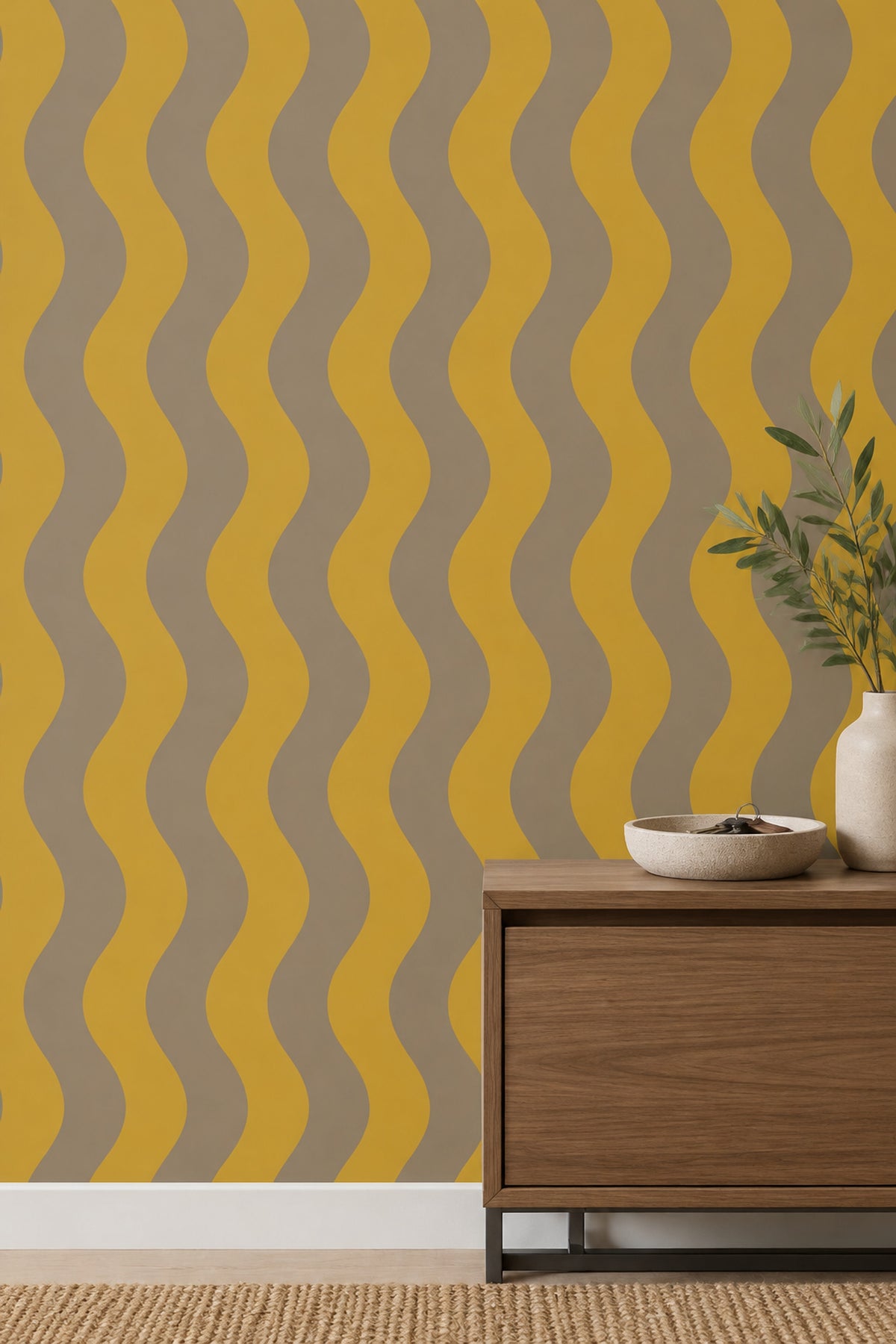 Wavy Vertical Stripes Wallpaper Mid Century Modern Mustard Taupe
