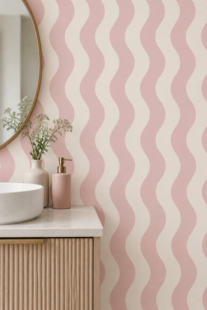 Wavy Stripes Wallpaper Pink Cream Abstract