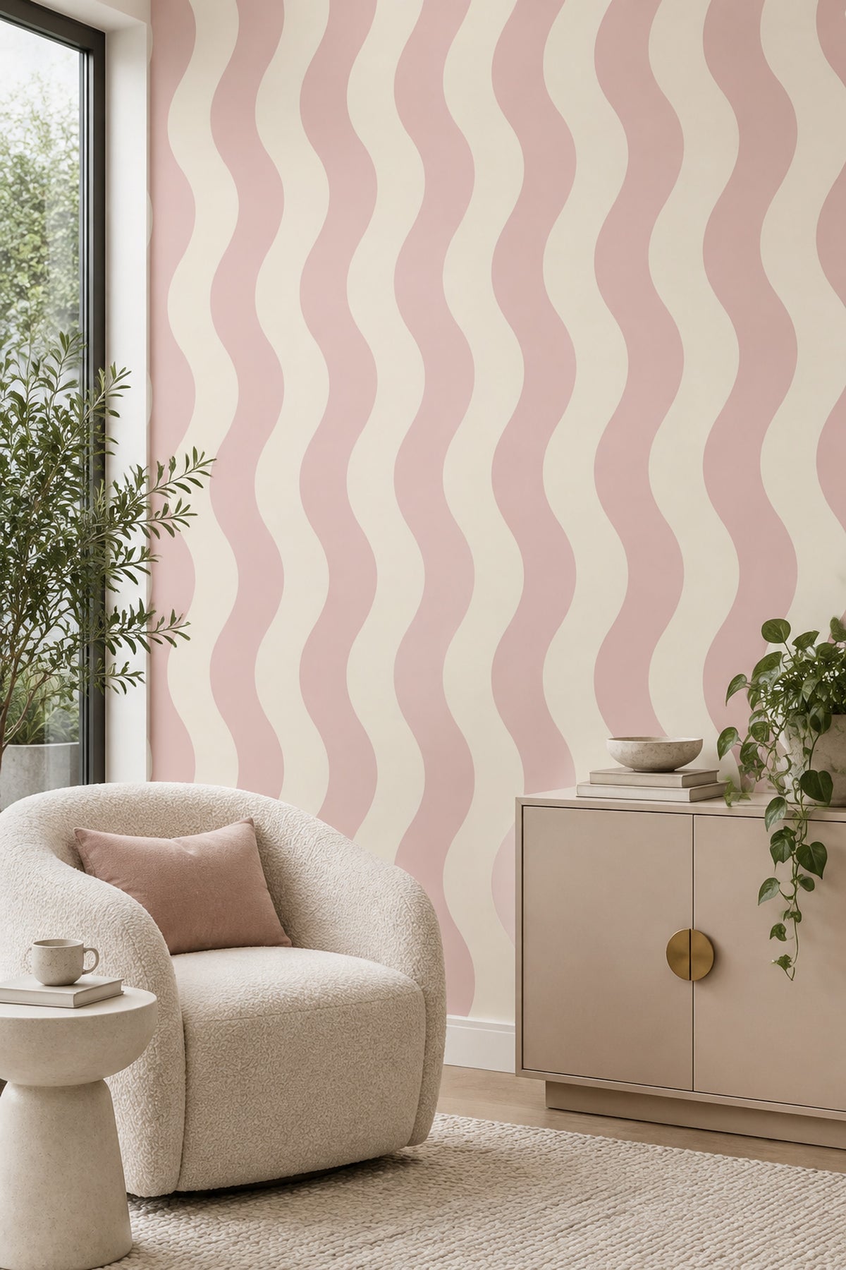 Wavy Stripes Wallpaper Pink Cream Abstract