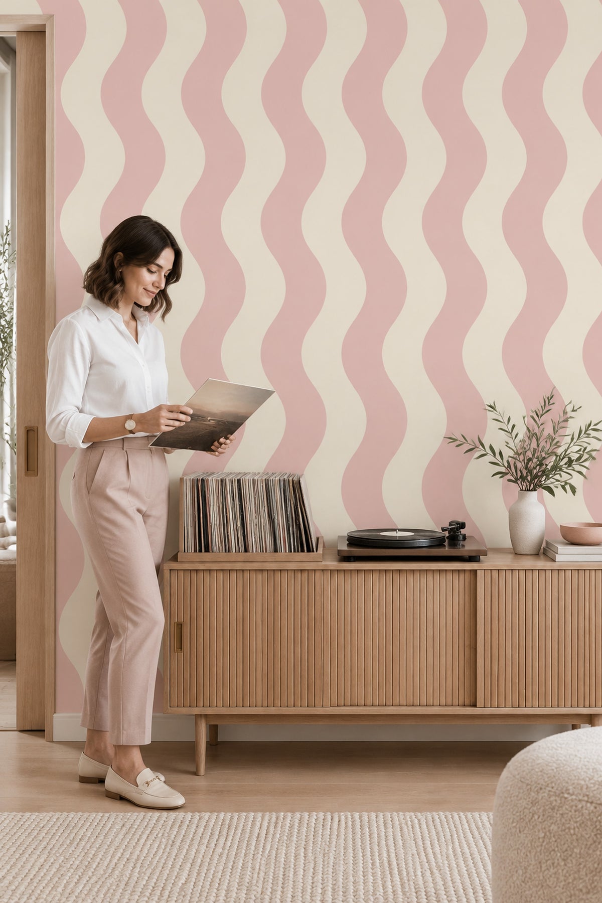 Wavy Stripes Wallpaper Pink Cream Abstract