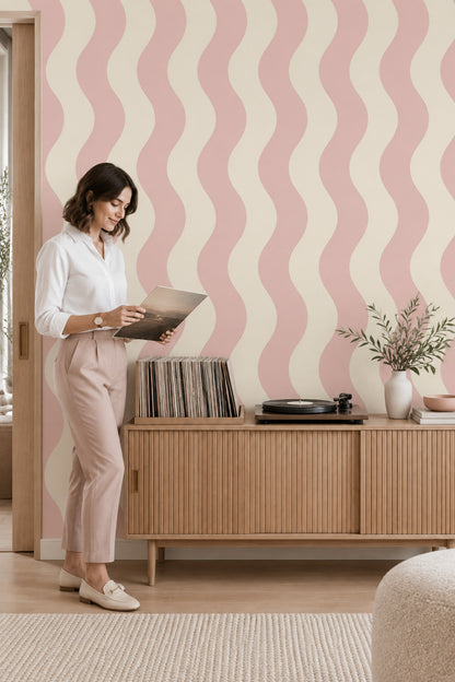 Wavy Stripes Wallpaper Pink Cream Abstract