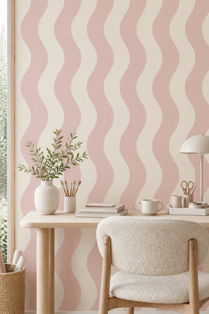 Wavy Stripes Wallpaper Pink Cream Abstract