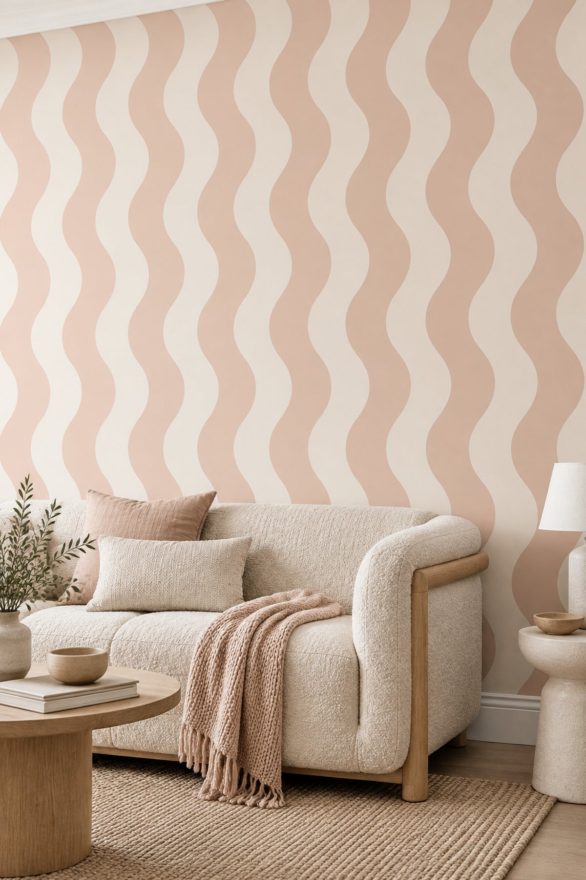 Wavy Stripes Wallpaper Blush Pink Cream Pastel Bands