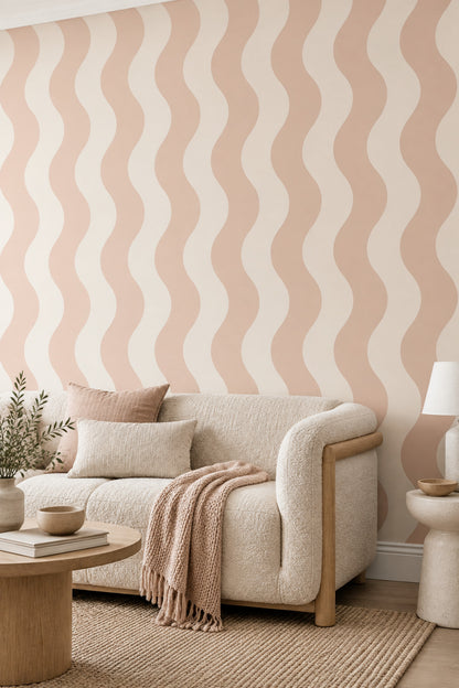 Wavy Stripes Wallpaper Blush Pink Cream Pastel Bands