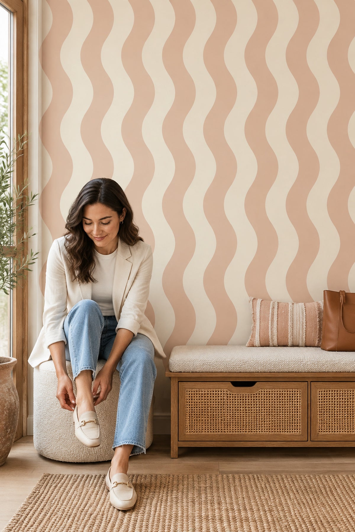 Wavy Stripes Wallpaper Blush Pink Cream Pastel Bands