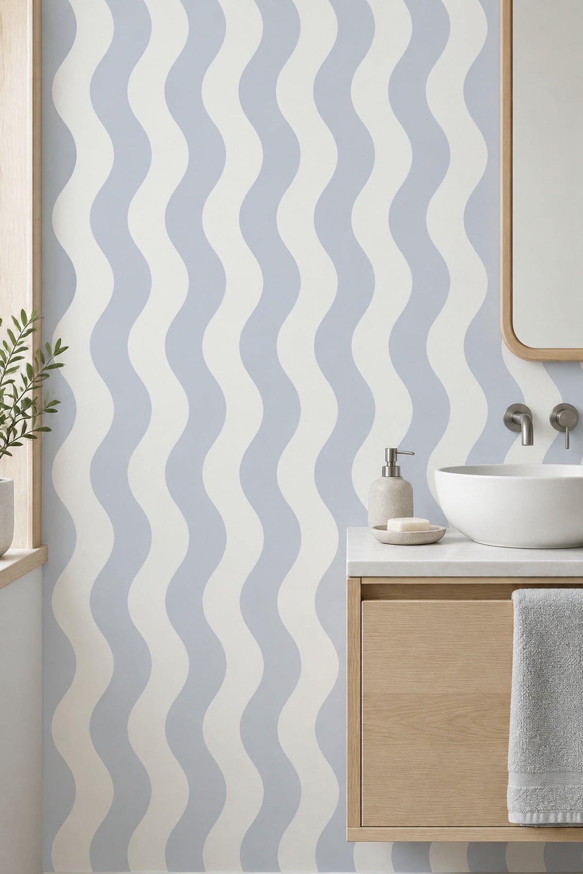 Vertical Wavy Stripes Wallpaper Light Blue Off White