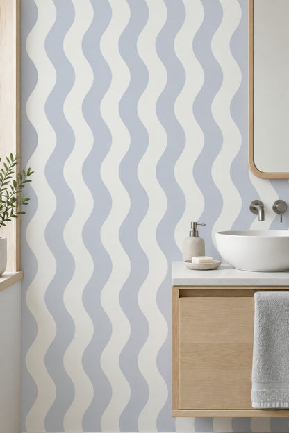 Vertical Wavy Stripes Wallpaper Light Blue Off White
