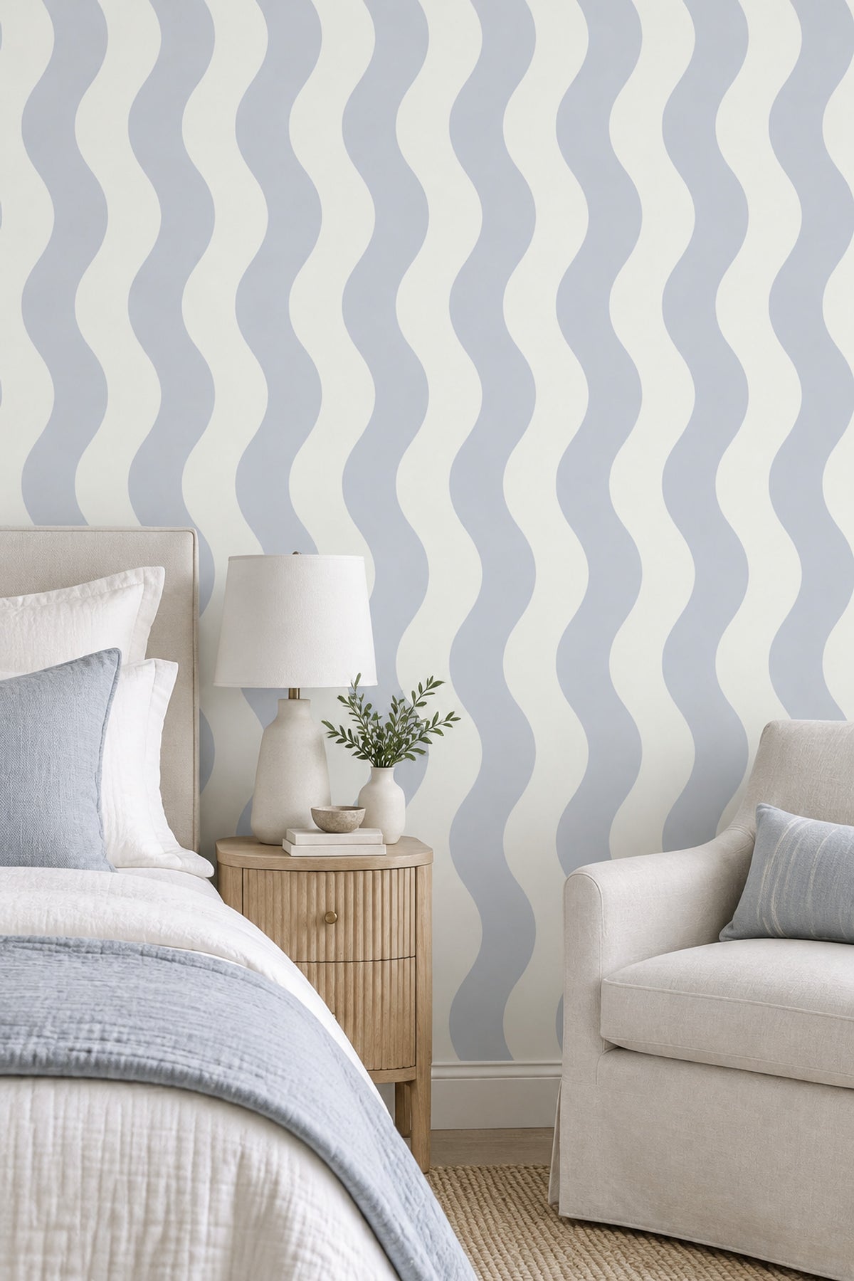 Vertical Wavy Stripes Wallpaper Light Blue Off White
