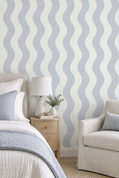 Vertical Wavy Stripes Wallpaper Light Blue Off White