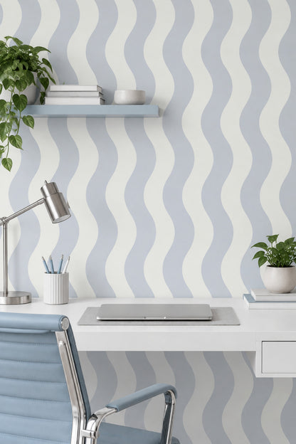 Vertical Wavy Stripes Wallpaper Light Blue Off White