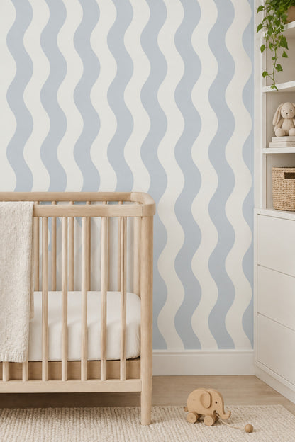 Vertical Wavy Stripes Wallpaper Light Blue Off White