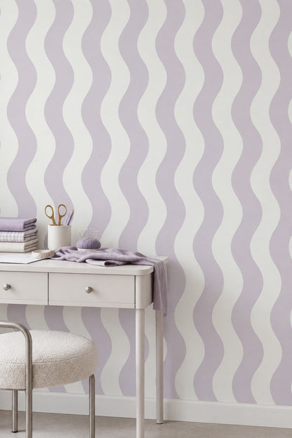 Wavy Stripes Wallpaper Lavender Purple And Cream Abstract